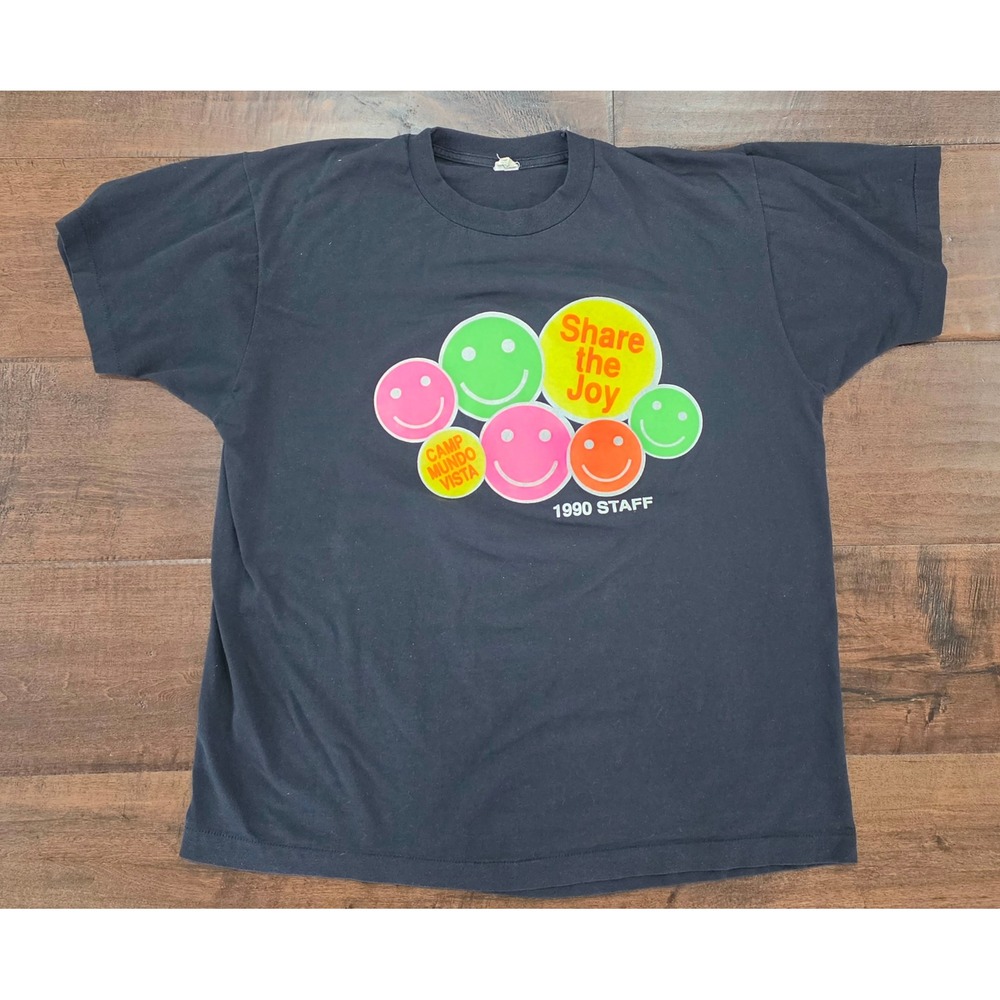 VTG 1990 NEON Grunge Pop Art Bubble Rave T-Shirt XXL Smiley Face Skater Black